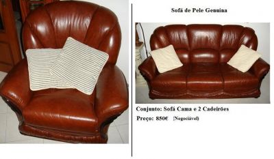 Sofá cama e 2 cadeirões em pele genuína 