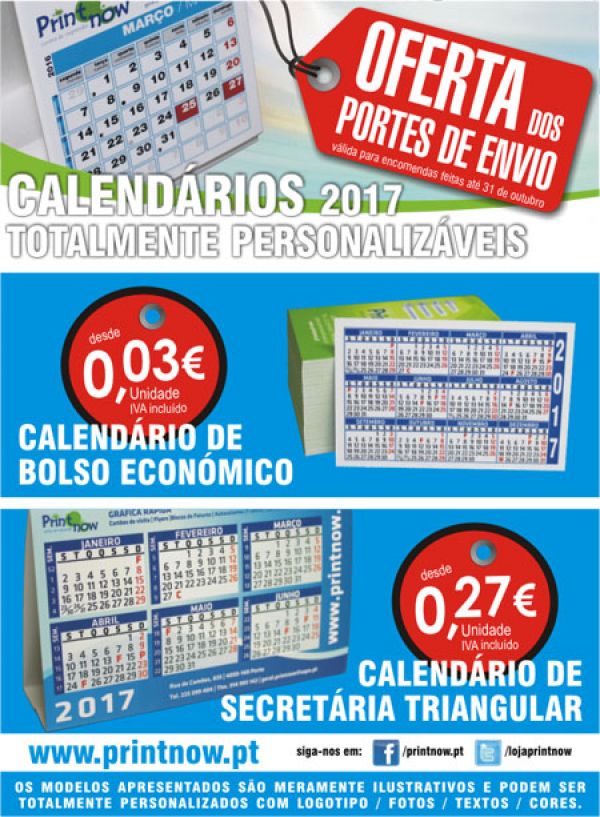 Calendários 2017 - totalmente personalizáveis